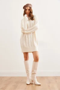 Olalook Women's White Hair Braided Knitwear Tunic Dress - Image 2