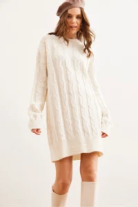 Olalook Women's White Hair Braided Knitwear Tunic Dress - Image 3