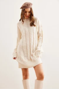 Olalook Women's White Hair Braided Knitwear Tunic Dress - Image 4