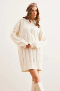 Olalook Women's White Hair Braided Knitwear Tunic Dress - Image 5