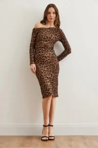 Olalook Women's Brown Leopard Boat Neck Knitted Mini Dress - Image 2
