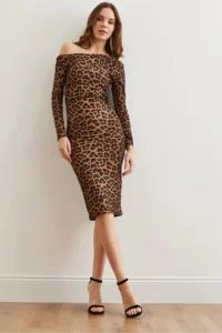 Olalook Women's Brown Leopard Boat Neck Knitted Mini Dress - Image 3
