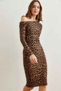 Olalook Women's Brown Leopard Boat Neck Knitted Mini Dress - Image 5