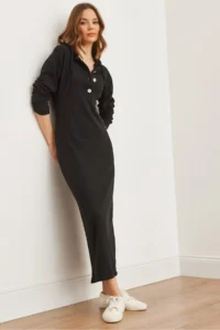 Olalook Women's Black Buttoned Hooded Oversize Ribbed Maxi Dress