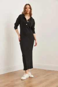 Olalook Women's Black Buttoned Hooded Oversize Ribbed Maxi Dress - Image 2