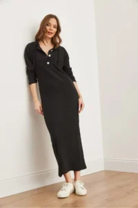 Olalook Women's Black Buttoned Hooded Oversize Ribbed Maxi Dress - Image 4