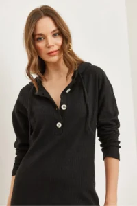 Olalook Women's Black Buttoned Hooded Oversize Ribbed Maxi Dress - Image 5