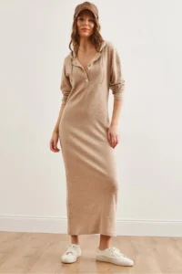 Olalook Women's Camel Buttoned Hooded Oversize Ribbed Maxi Dress