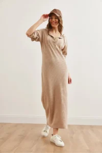 Olalook Women's Camel Buttoned Hooded Oversize Ribbed Maxi Dress - Image 2