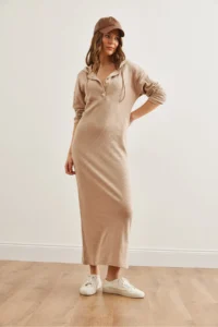 Olalook Women's Camel Buttoned Hooded Oversize Ribbed Maxi Dress - Image 3