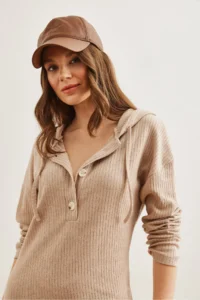 Olalook Women's Camel Buttoned Hooded Oversize Ribbed Maxi Dress - Image 4