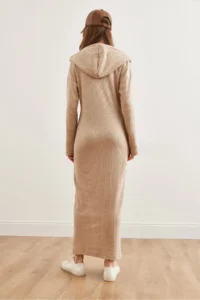 Olalook Women's Camel Buttoned Hooded Oversize Ribbed Maxi Dress - Image 5