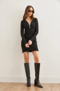 Olalook Women's Black Zipper Detailed Ribbed Mini Dress - Image 2
