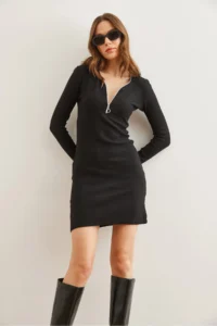 Olalook Women's Black Zipper Detailed Ribbed Mini Dress - Image 3
