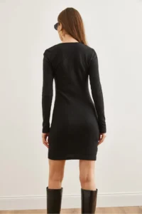 Olalook Women's Black Zipper Detailed Ribbed Mini Dress - Image 6