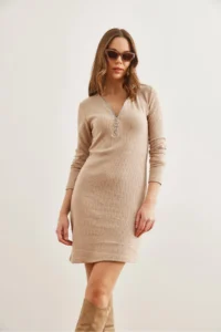Olalook Women's Camel Zipper Detailed Corduroy Mini Dress - Image 3