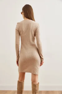 Olalook Women's Camel Zipper Detailed Corduroy Mini Dress - Image 6