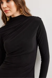 Olalook Women's Black Drape Detailed Flexible Mini Sandy Dress - Image 5
