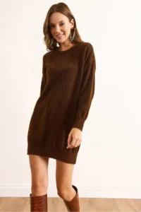 Olalook Women's Brown High Collar Soft Textured Beard Knitwear Tunic Dress