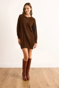 Olalook Women's Brown High Collar Soft Textured Beard Knitwear Tunic Dress - Image 2