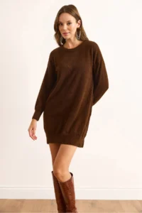 Olalook Women's Brown High Collar Soft Textured Beard Knitwear Tunic Dress - Image 3