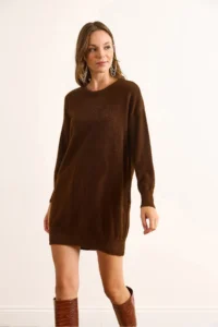 Olalook Women's Brown High Collar Soft Textured Beard Knitwear Tunic Dress - Image 4