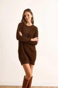 Olalook Women's Brown High Collar Soft Textured Beard Knitwear Tunic Dress - Image 5