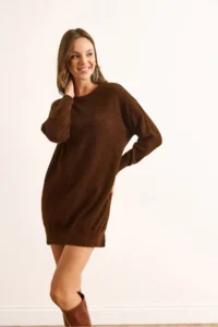 Olalook Women's Brown High Collar Soft Textured Beard Knitwear Tunic Dress - Image 6