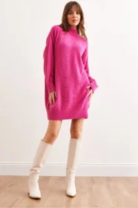 Olalook Women's Fuchsia High Collar Soft Textured Beard Knitwear Tunic Dress