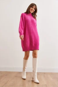 Olalook Women's Fuchsia High Collar Soft Textured Beard Knitwear Tunic Dress - Image 2