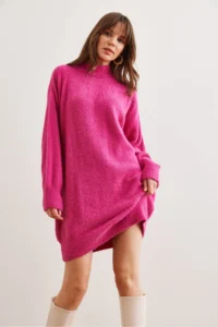 Olalook Women's Fuchsia High Collar Soft Textured Beard Knitwear Tunic Dress - Image 3