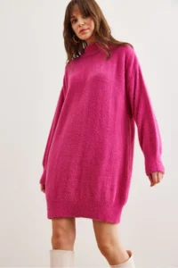 Olalook Women's Fuchsia High Collar Soft Textured Beard Knitwear Tunic Dress - Image 4