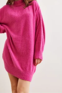 Olalook Women's Fuchsia High Collar Soft Textured Beard Knitwear Tunic Dress - Image 5