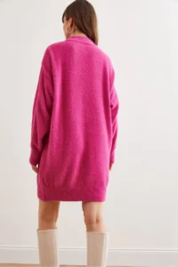 Olalook Women's Fuchsia High Collar Soft Textured Beard Knitwear Tunic Dress - Image 6