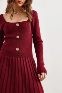 Olalook Women's Burgundy Button Detailed Skirt Pleated Knitwear Dress - Image 2