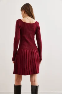 Olalook Women's Burgundy Button Detailed Skirt Pleated Knitwear Dress - Image 3
