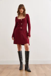 Olalook Women's Burgundy Button Detailed Skirt Pleated Knitwear Dress - Image 4