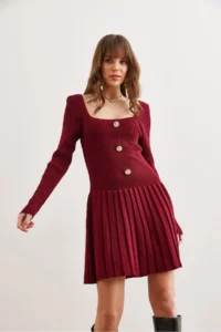 Olalook Women's Burgundy Button Detailed Skirt Pleated Knitwear Dress - Image 5