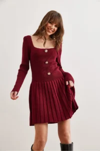 Olalook Women's Burgundy Button Detailed Skirt Pleated Knitwear Dress - Image 6