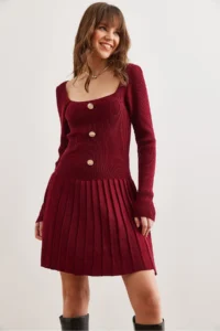 Olalook Women's Burgundy Button Detailed Skirt Pleated Knitwear Dress - Image 7