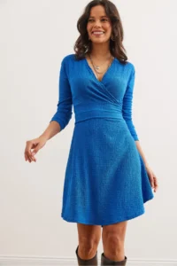 Olalook Women's Saks Blue Double Breasted Collar Textured Seersucker Dress - Image 2