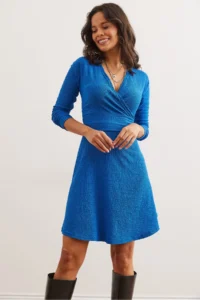 Olalook Women's Saks Blue Double Breasted Collar Textured Seersucker Dress - Image 4