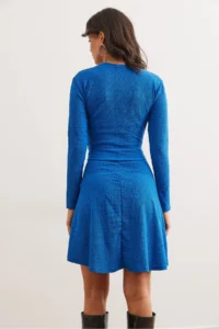 Olalook Women's Saks Blue Double Breasted Collar Textured Seersucker Dress - Image 6