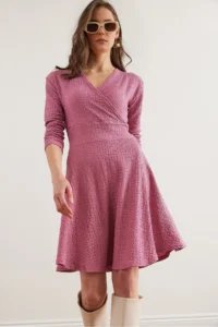 Olalook Women's Dusty Rose Double Breasted Collar Textured Seersucker Dress