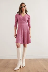 Olalook Women's Dusty Rose Double Breasted Collar Textured Seersucker Dress - Image 2