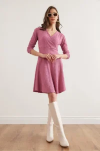 Olalook Women's Dusty Rose Double Breasted Collar Textured Seersucker Dress - Image 3