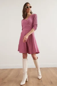 Olalook Women's Dusty Rose Double Breasted Collar Textured Seersucker Dress - Image 4