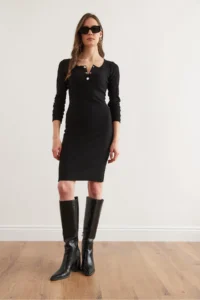 Olalook Women's Black Metal Buttoned Raised Lycra Mini Dress - Image 2