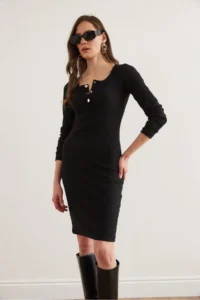 Olalook Women's Black Metal Buttoned Raised Lycra Mini Dress - Image 3