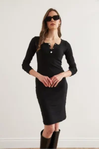 Olalook Women's Black Metal Buttoned Raised Lycra Mini Dress - Image 4